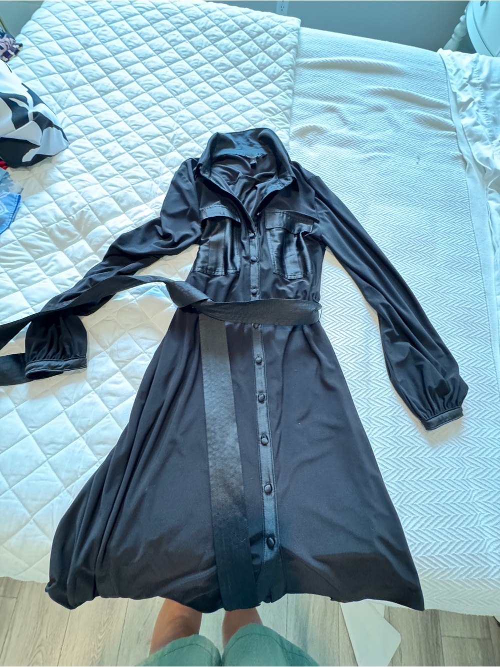 White House Black Market Long-Sleeve Button-Front Shirt Dress w/ Waist Tie